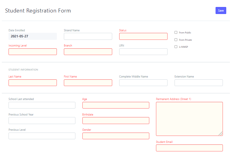 Student Registration Form for students from Kinder to Senior High